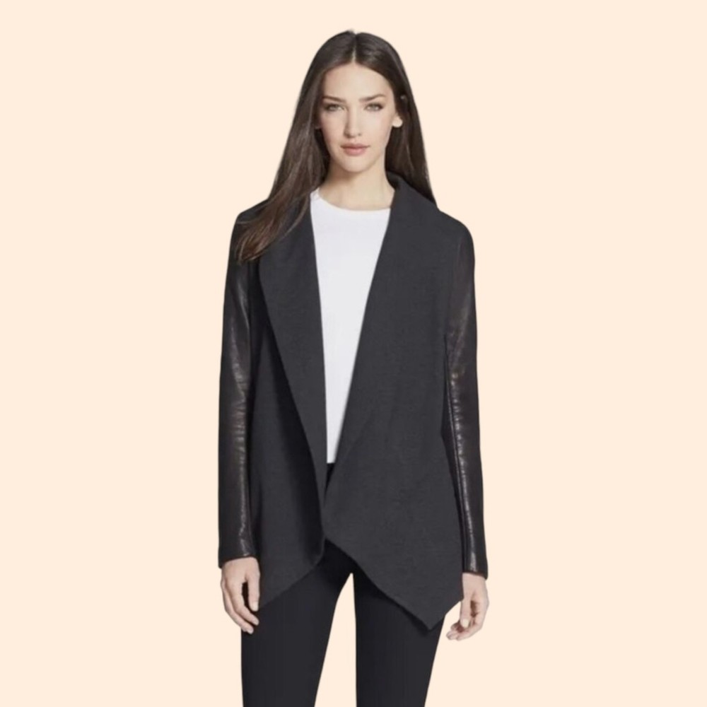 Wool Draped Open-Front Jacket with Genuine Leather Sleeves